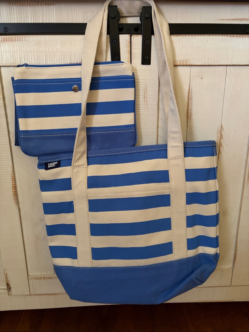 Lands' End Blue and Cream Striped Canvas Tote with Zip Pouch